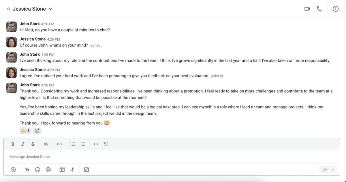 Example of a conversation in Pumble, a business messaging app