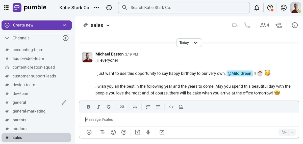 Example of a birthday message for a colleague in Pumble, a team communication app