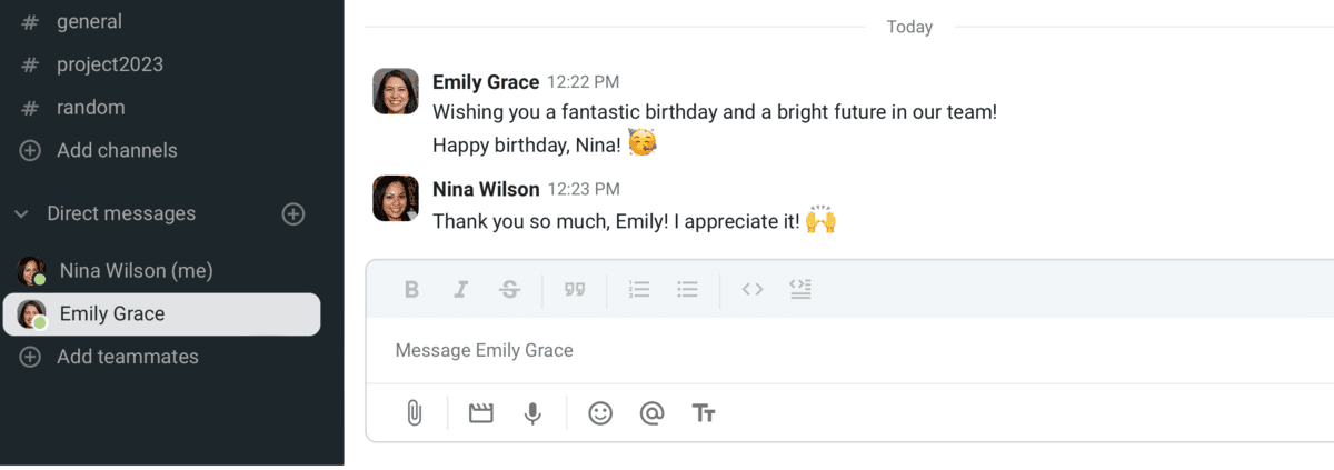 Example of a birthday wish for an employee, via Pumble, a team communication app

