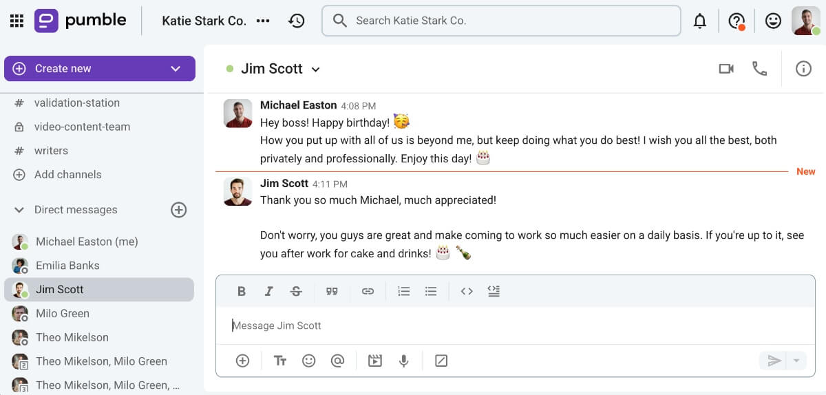 An employee expressing their birthday wishes to their boss via Pumble