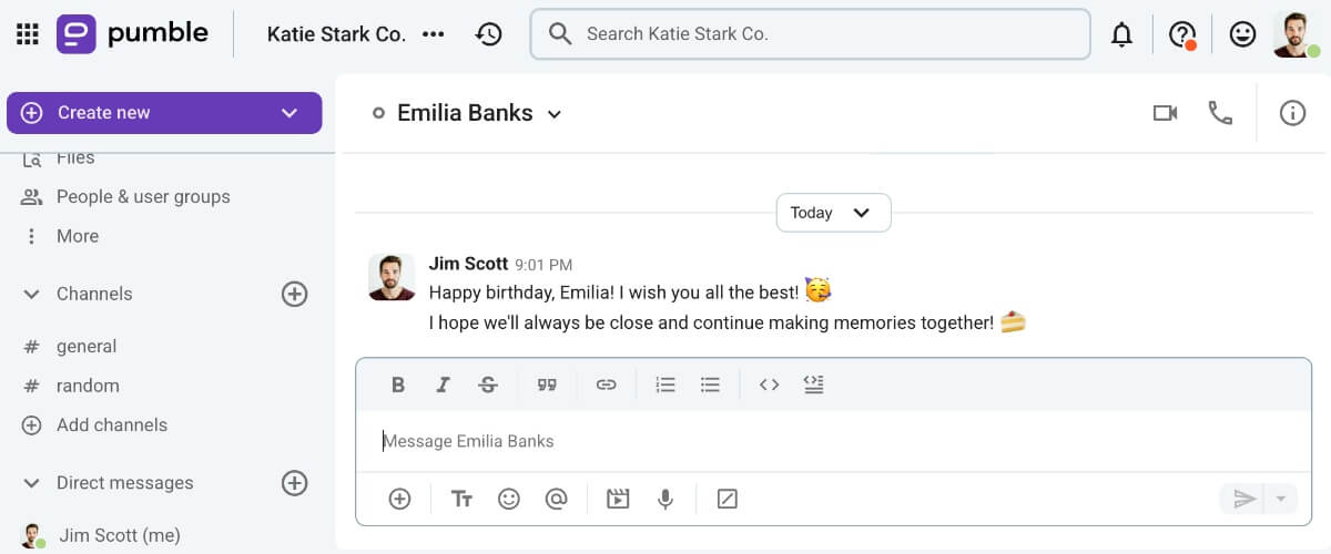 Example of birthday wishes for a coworker you’re friends with, via Pumble, a team communication app