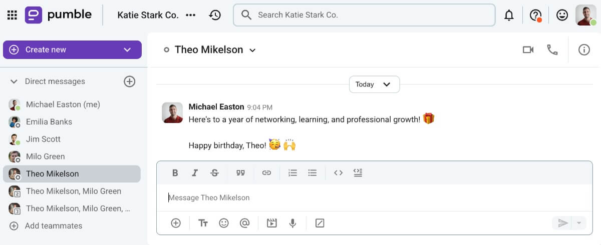 Example of a career-oriented birthday wish, via Pumble, a team communication app