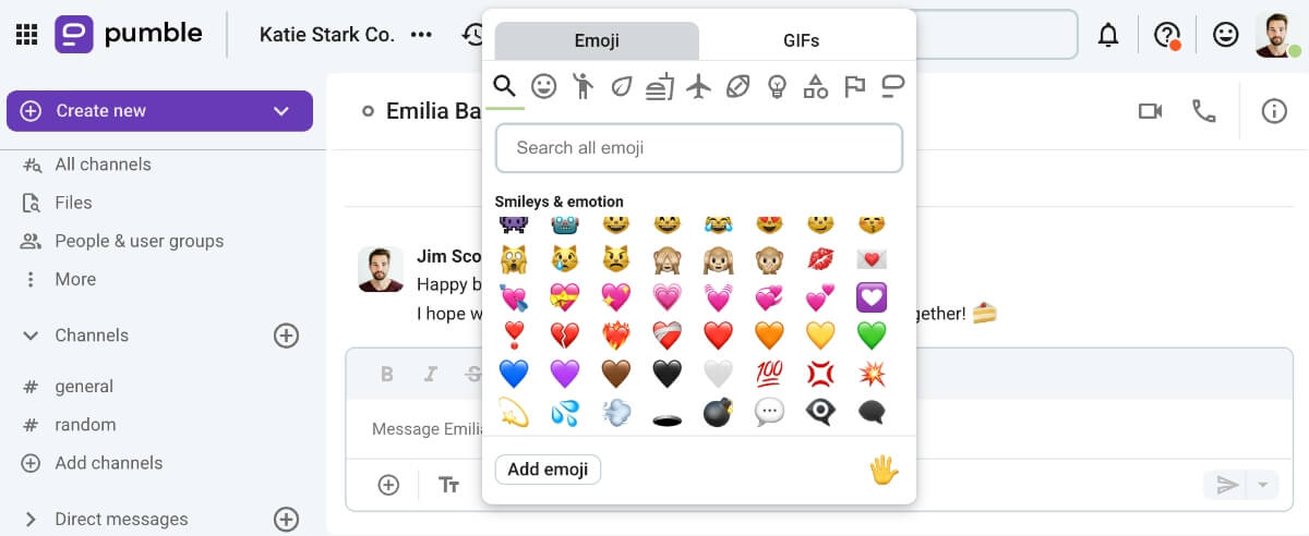 A wide array of emojis you can use in Pumble conversations