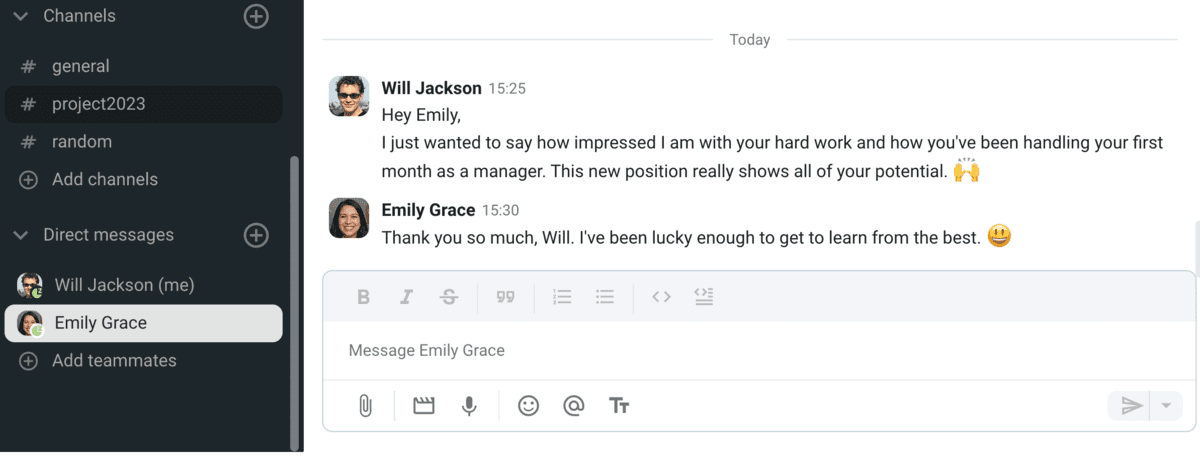 Example of a humble response to a compliment, via Pumble, a team messaging app