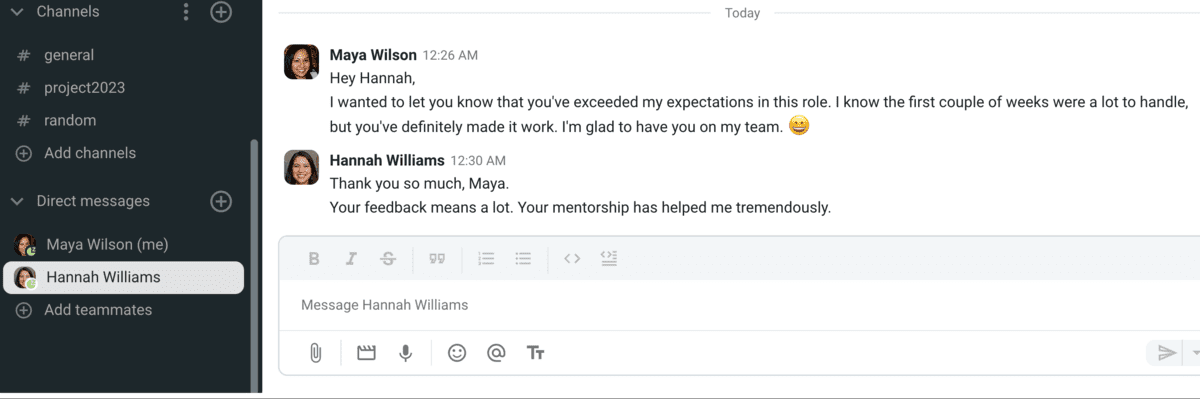 Example of a response to a compliment from your boss, via Pumble, a team messaging app