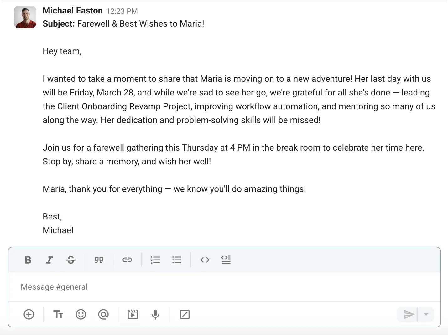 An employee leaving announcement sent via Pumble, a team communication app
