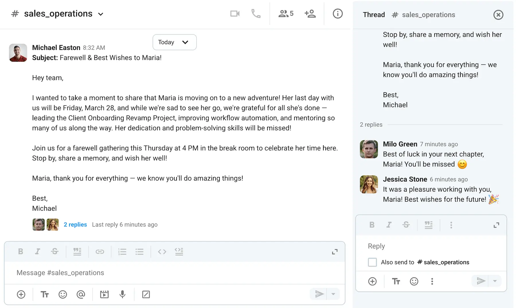 Keep farewell messages organized with Pumble threads