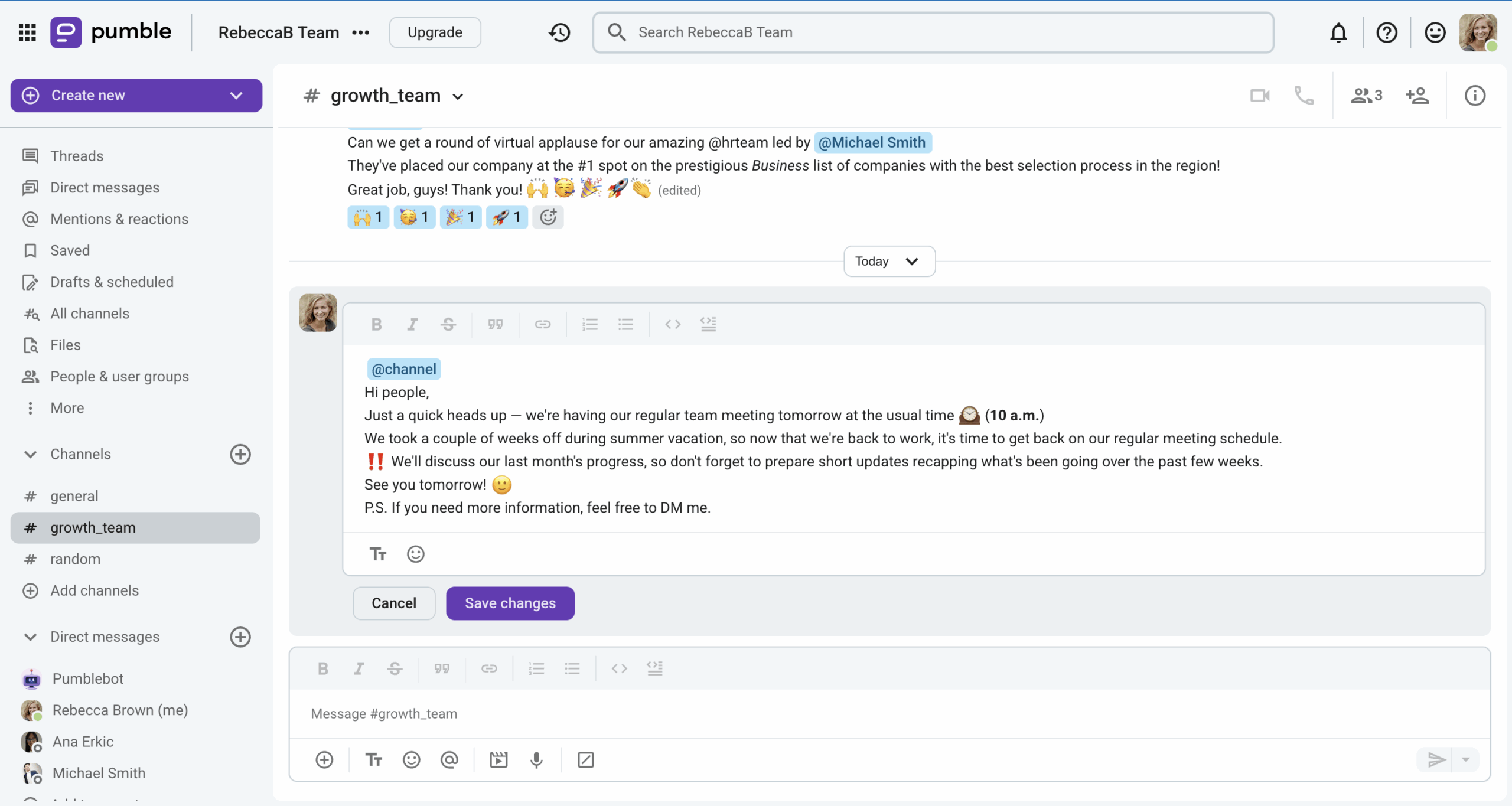 Sharing a reminder with a team in Pumble, the all-in-one team collaboration app