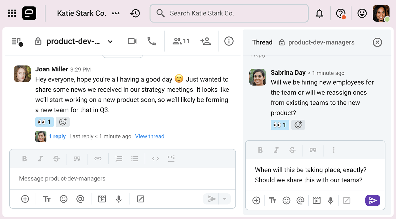 A leader shares some news with managers in a channel on Pumble, the team communication app