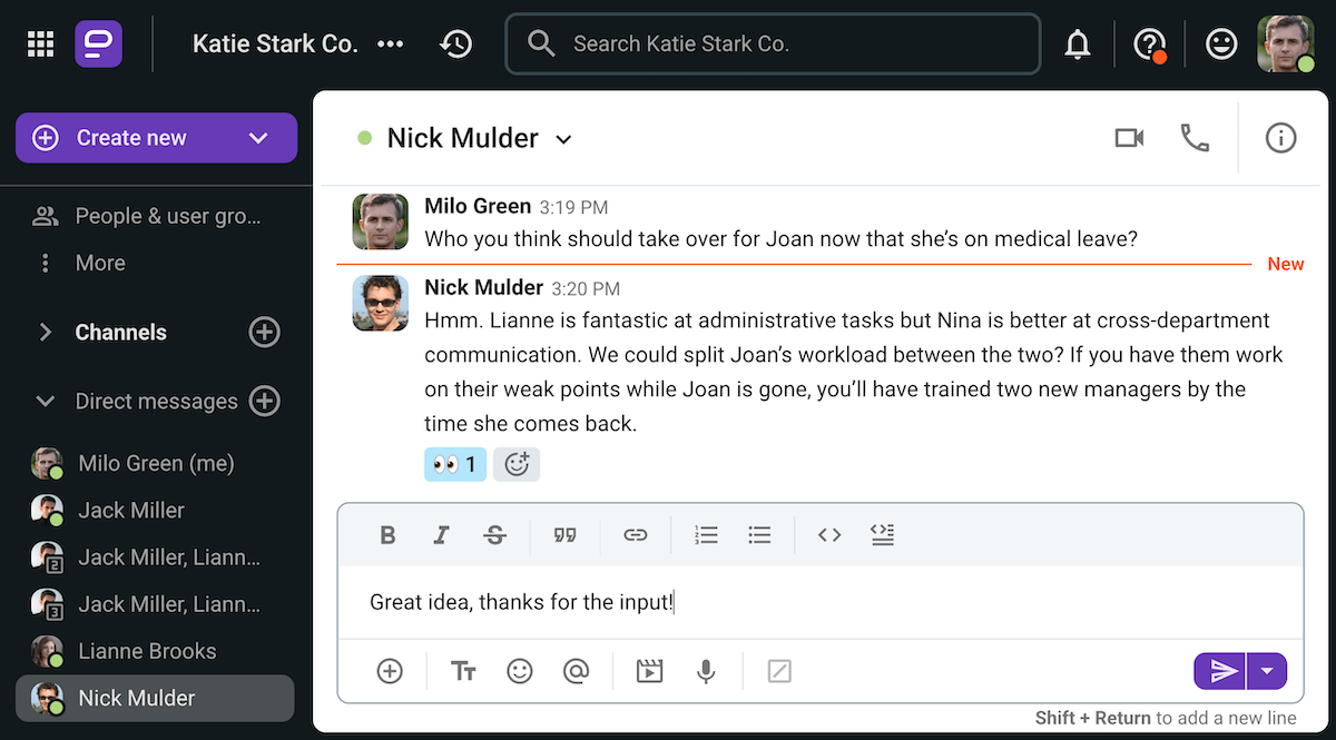 A manager consults a leader on Pumble, the team communication app