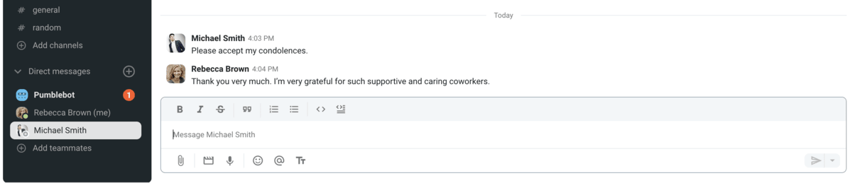 An example of a formal reply to condolences in Pumble, a team communication app