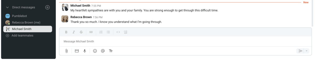 An example of a reply to condolences for the loss of a pet in Pumble, a team communication app