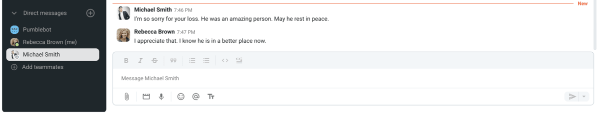 An example of a reply to condolences for the loss of a spouse in Pumble, a team communication app