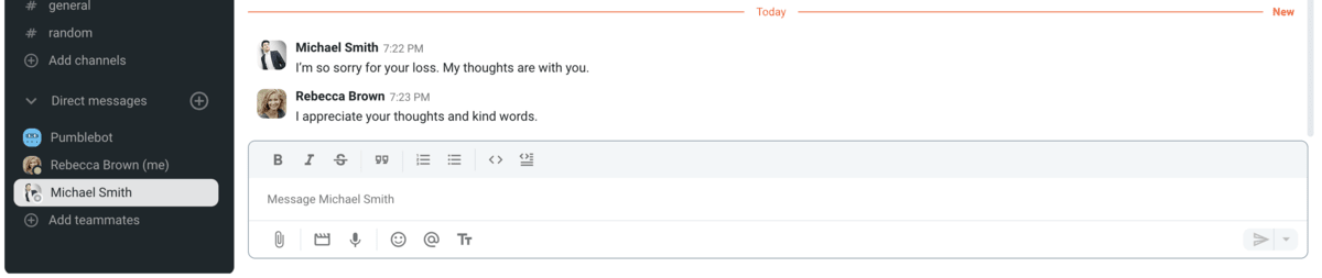 An example of a reply to condolences from a coworker in Pumble, a team communication app