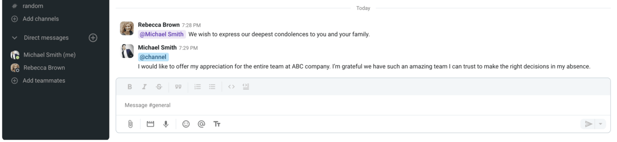 An example of a reply to condolences from your team in Pumble, a team communication app