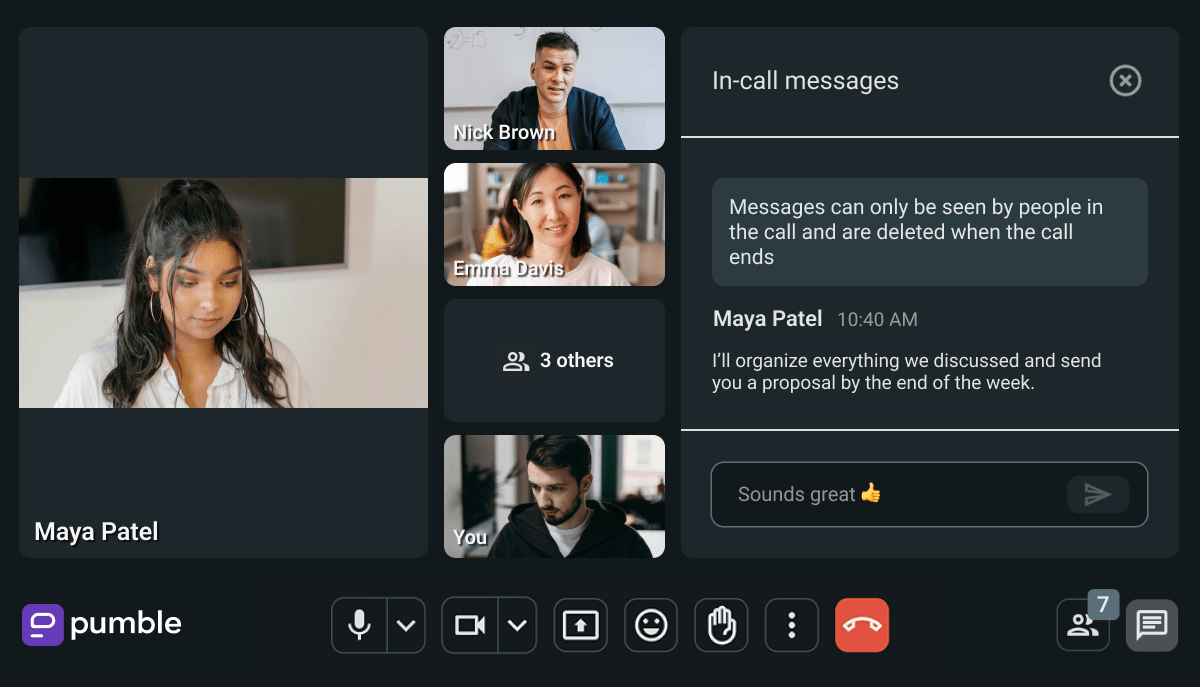 Maya prepares to realize the leader’s vision after a brainstorming video call on Pumble, the business messaging app