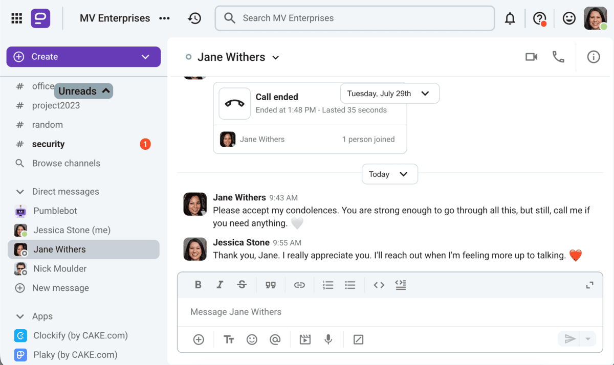 An example of a reply to condolences from a work friend in Pumble, a team communication app