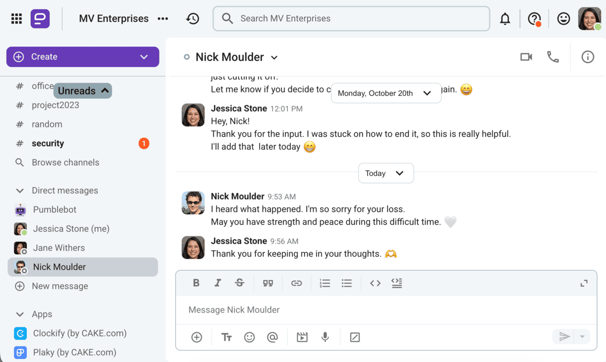 An example of a reply to condolences from a coworker in Pumble, a team communication app