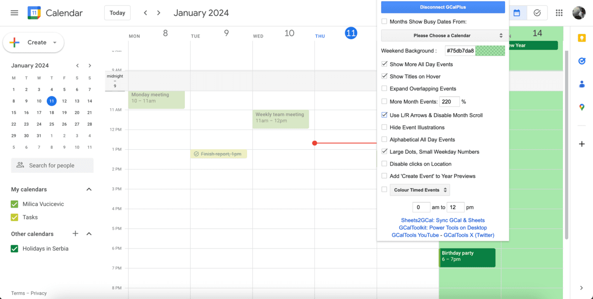GCal Plus options in your Google Calendar