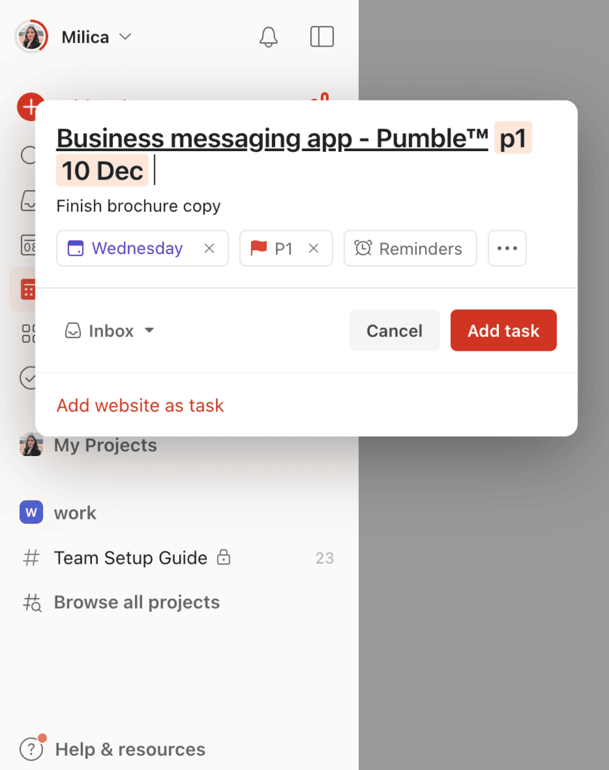 Add a website as a task in Todoist