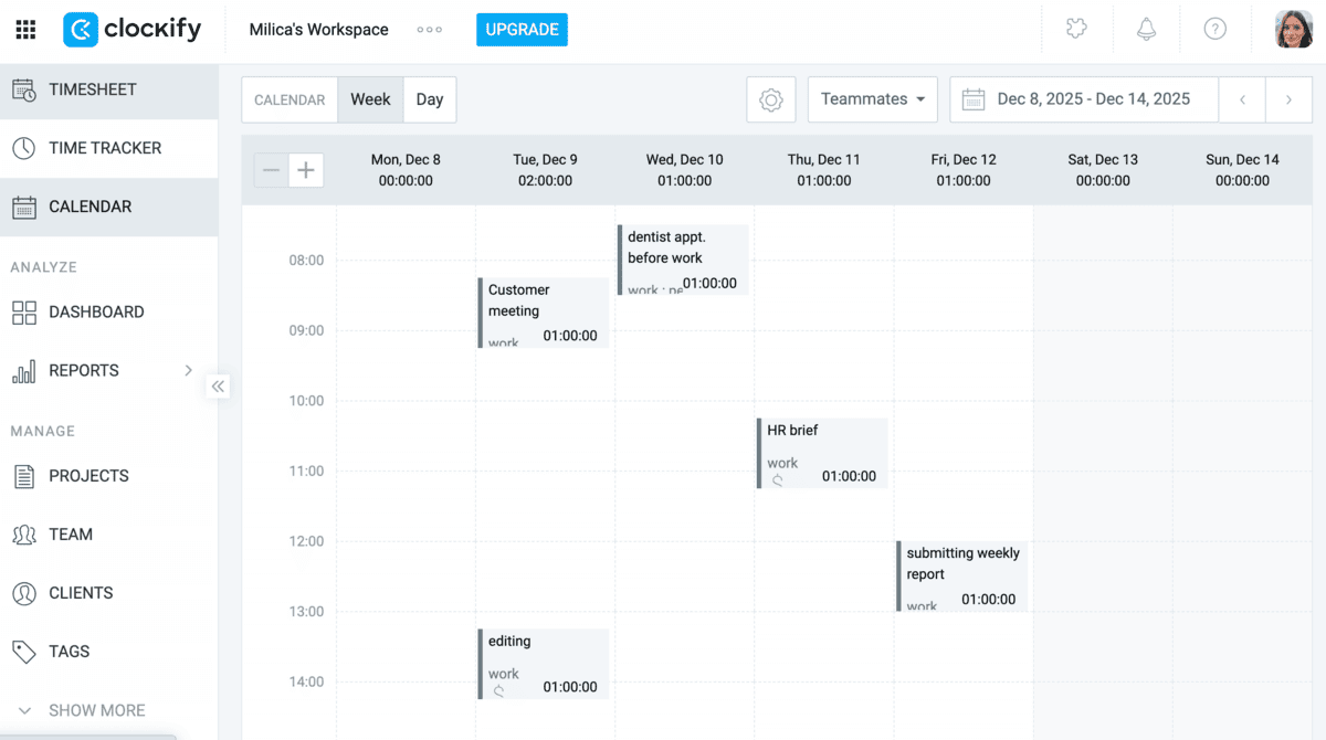 Calendar view in Clockify simplifies time tracking for Google Calendar