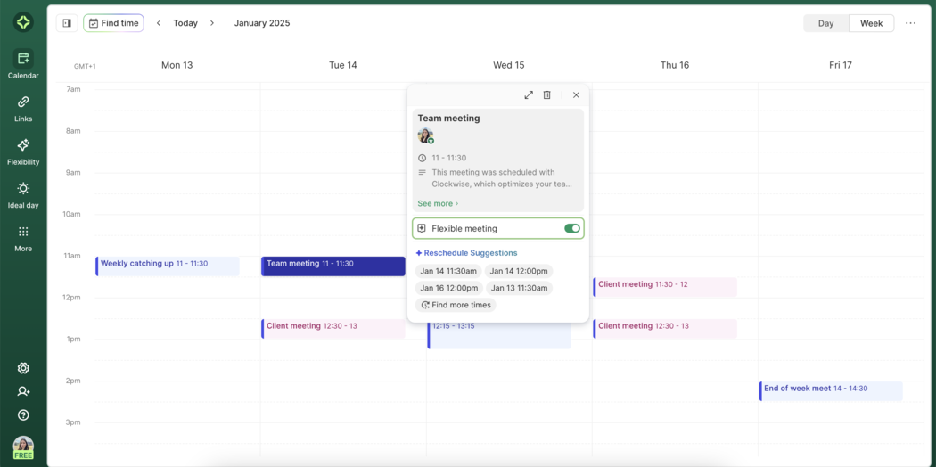 Options for rescheduling a meeting with Clockwise