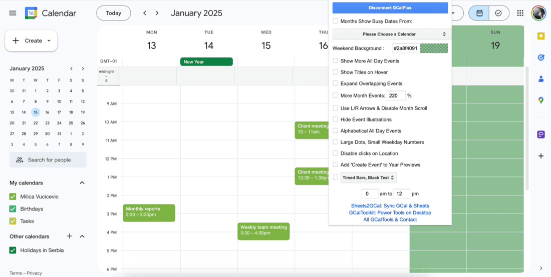 GCal Plus options in your Google Calendar