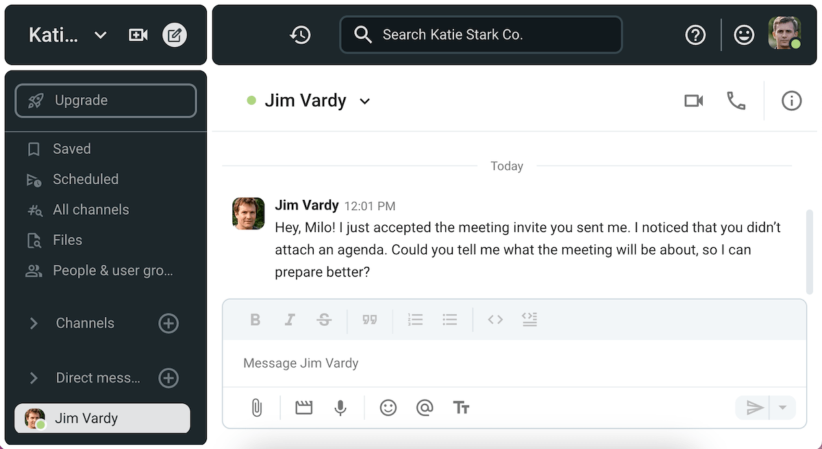 Jim asks Milo to provide a skip-level meeting agenda on Pumble, the team communication app
