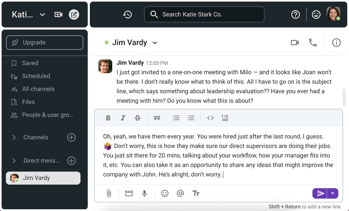Jim consults a coworker ahead of his meeting with Milo on Pumble, the team communication app
