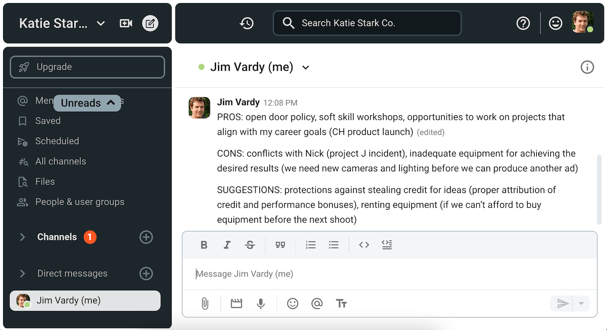 Jim drafts and edits his talking points on Pumble, the business messaging app
