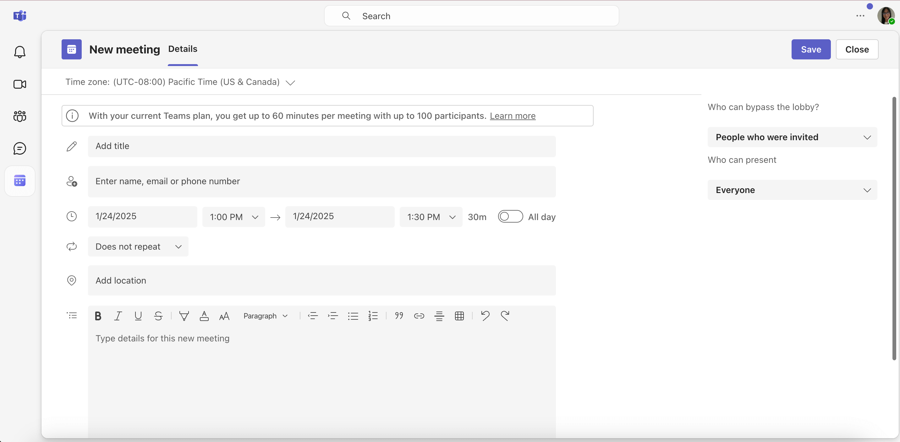 Scheduling a meeting in Outlook calendar in Microsoft Teams