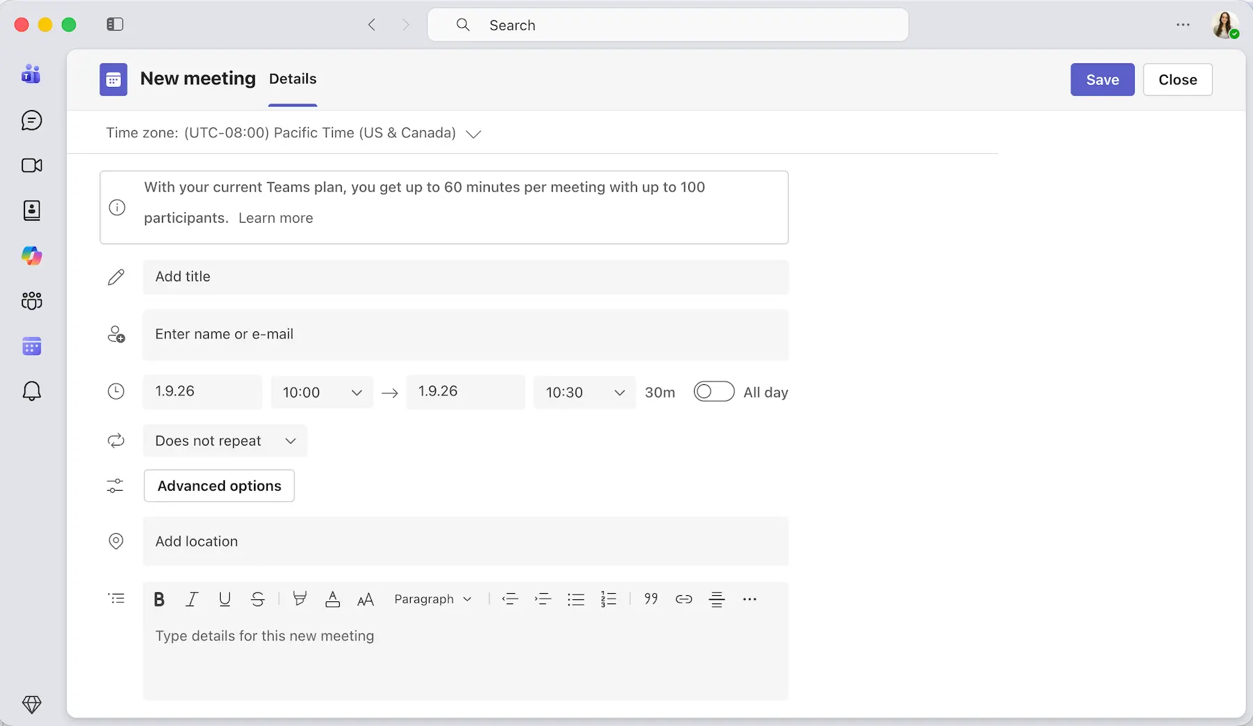 Scheduling a meeting in Outlook calendar in Microsoft Teams