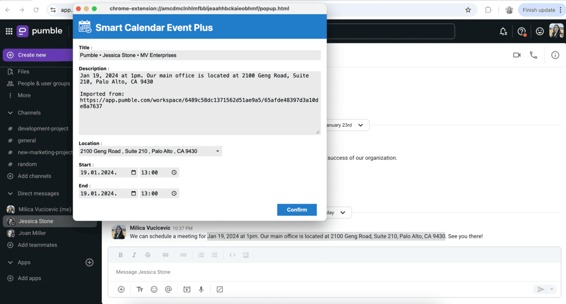 Create an event from a Pumble message