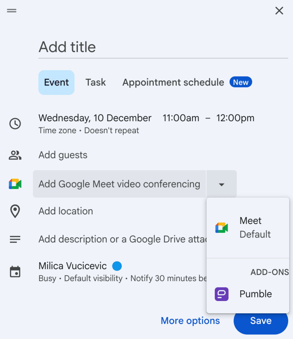 Using Pumble for Google Calendar scheduling