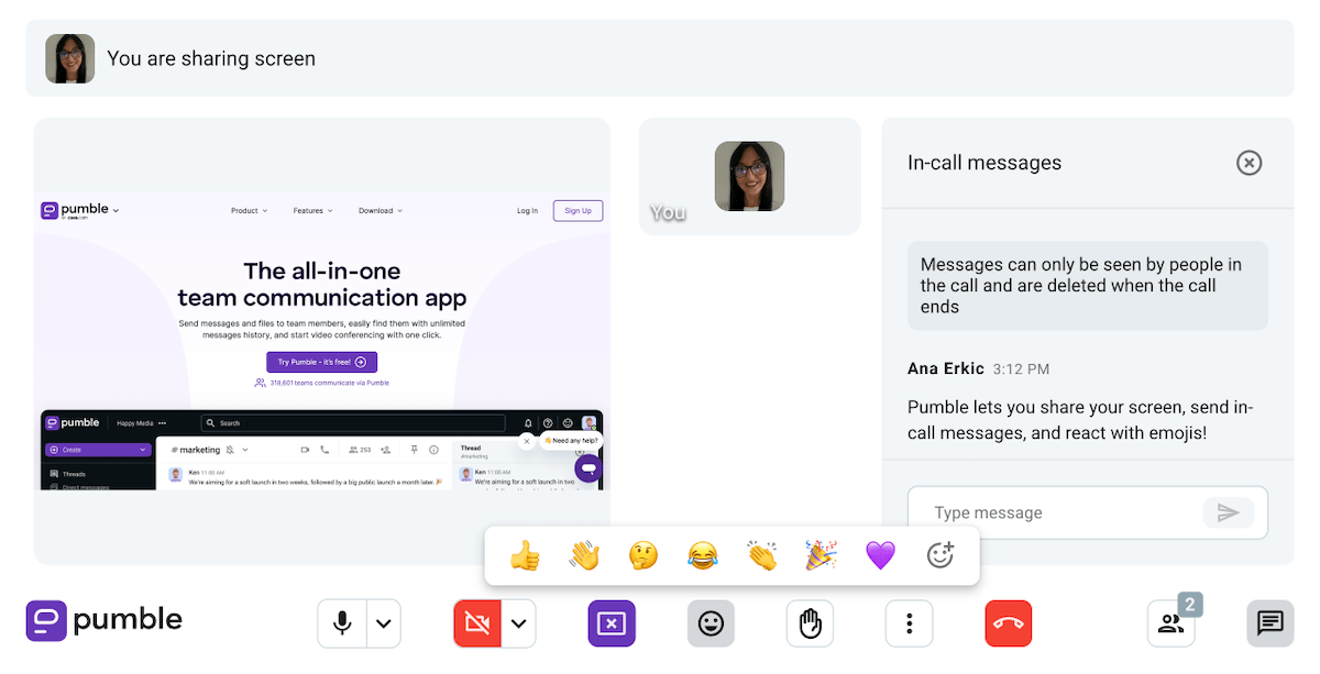 Video conferencing in Pumble, a team collaboration software