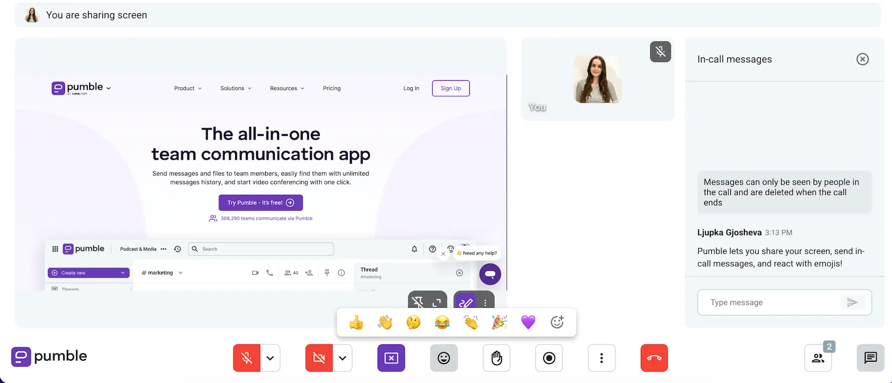 Video conferencing in Pumble, a team collaboration software