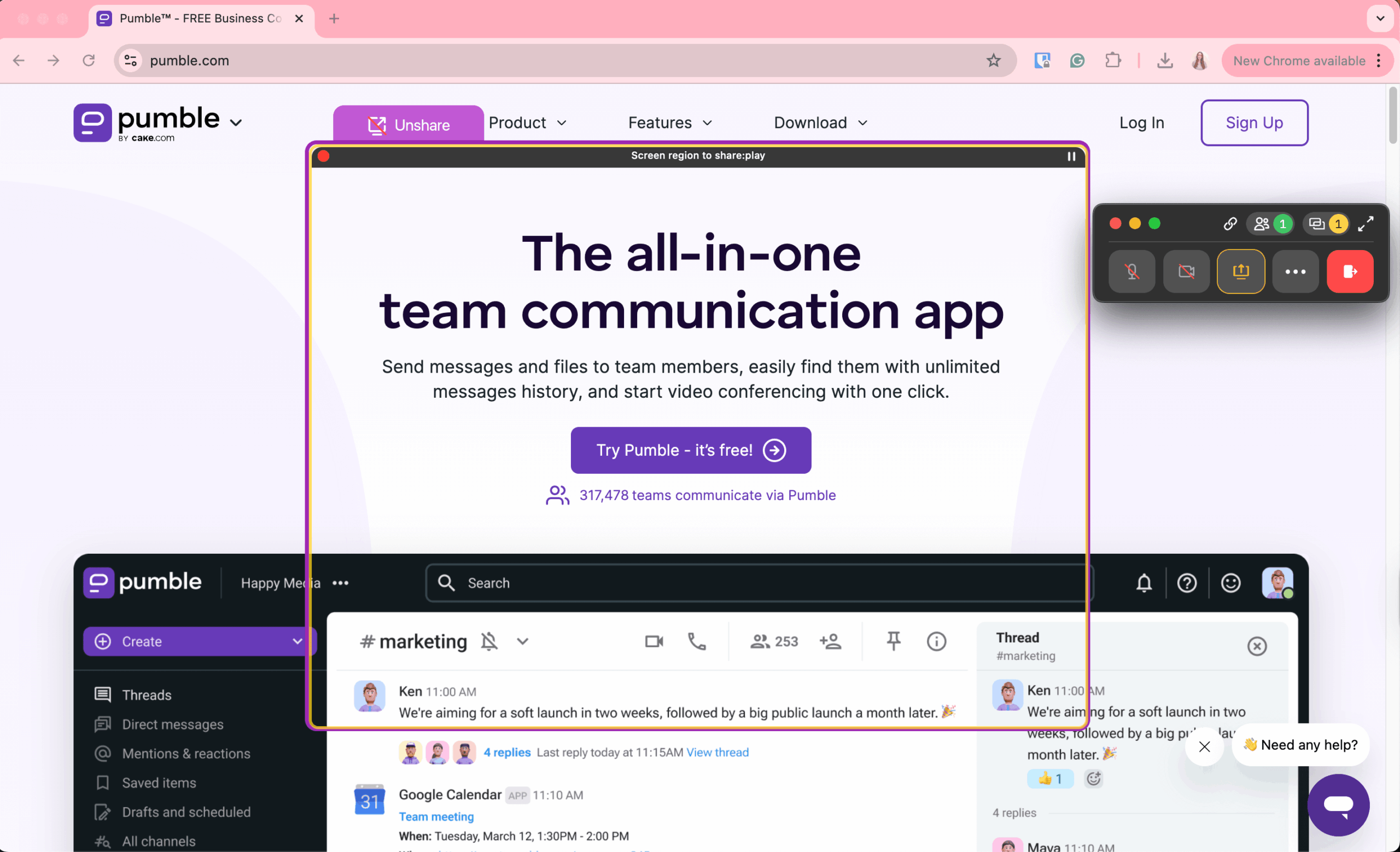 Sharing a specific screen region using CoScreen