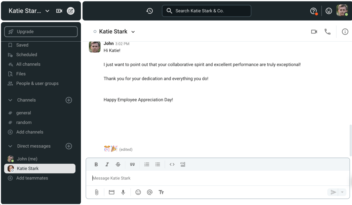 An appreciation message example in Pumble, a team communication app
