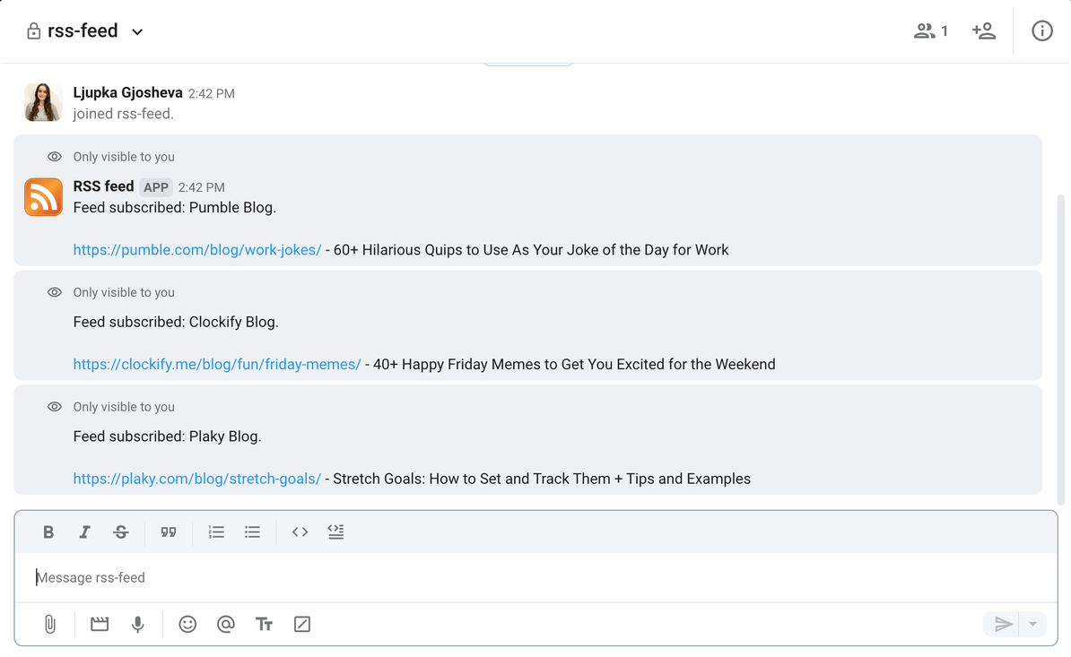 An RSS feed in Pumble, a team communication app