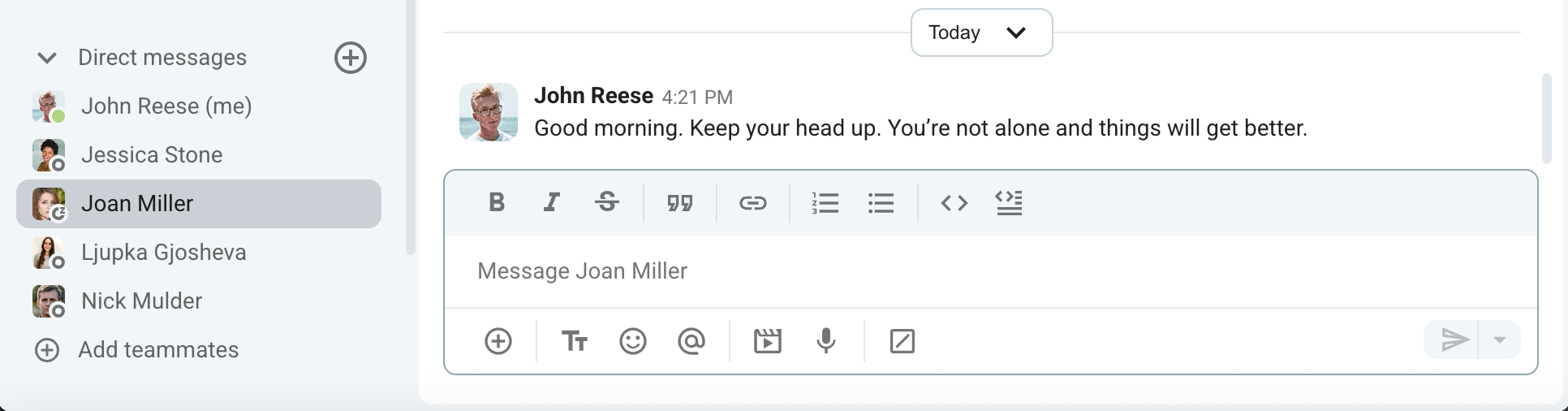 An example of a comforting good morning message sent via Pumble, a team communication app