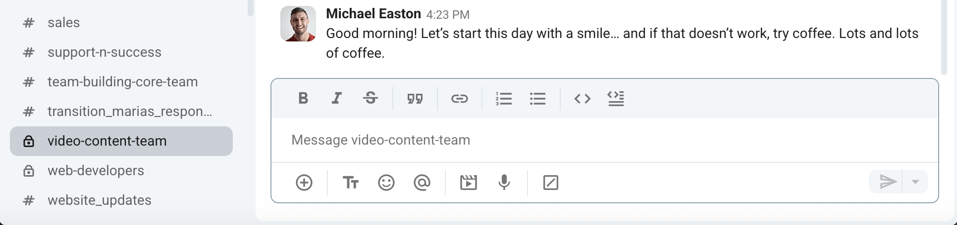 An example of a funny good morning message sent via Pumble, a team communication app