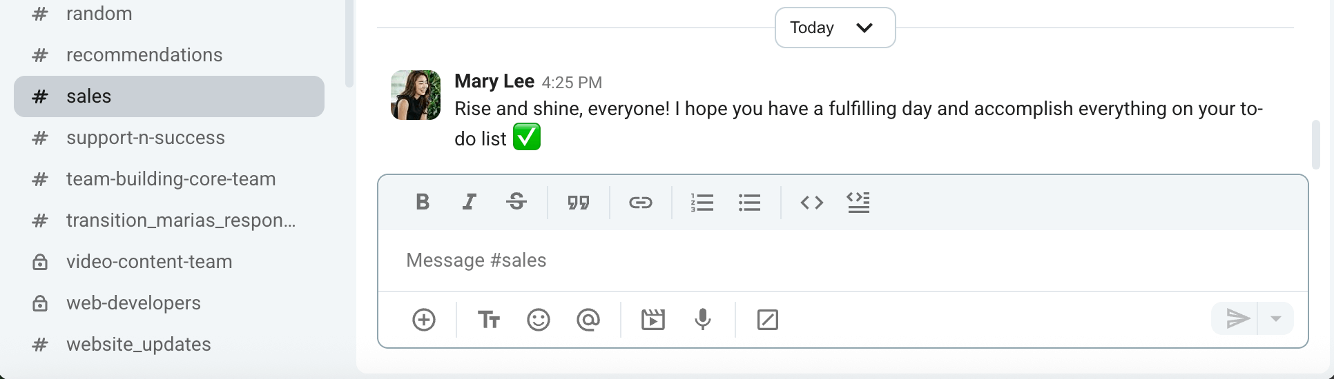 An example of a good morning message sent in a Pumble channel