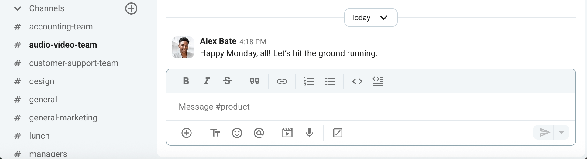 An example of a happy Monday good morning message sent via Pumble, a team communication app