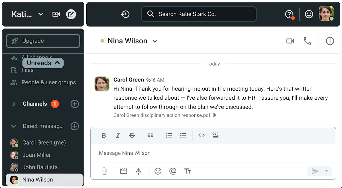 Carol forwards her written response to Nina on Pumble, a business messaging app
