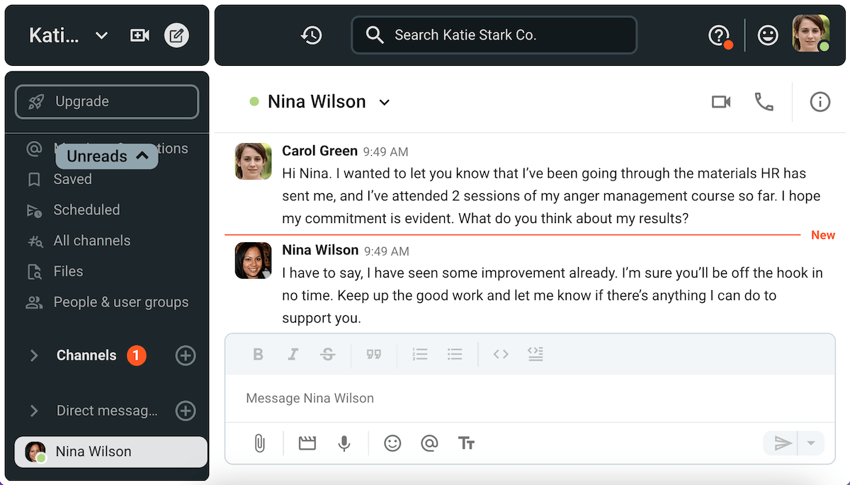 Carol keeps Nina apprised of her progress on Pumble, a team communication app
