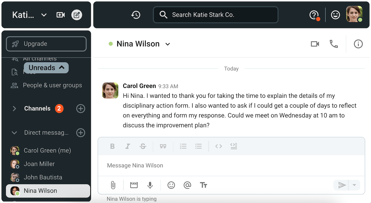 Carol schedules a follow-up meeting with her manager on Pumble, a team communication app
