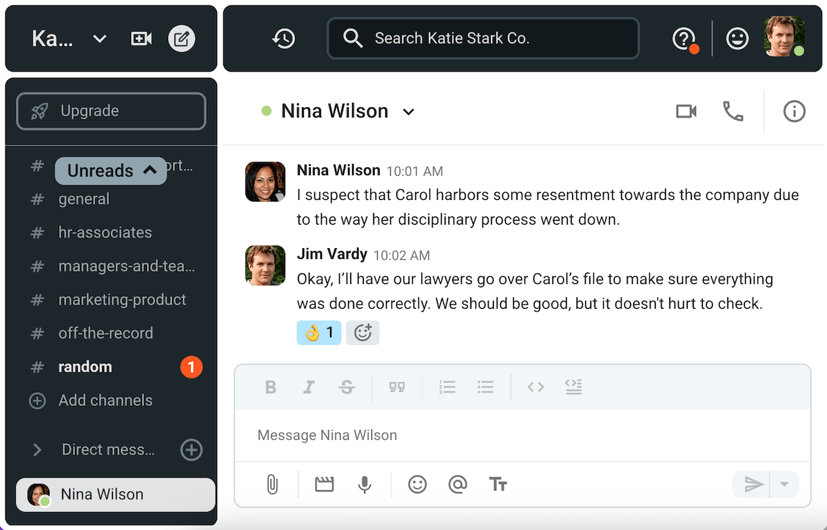 Nina and an HR employee decide to get lawyers involved on Pumble, a business messaging app
