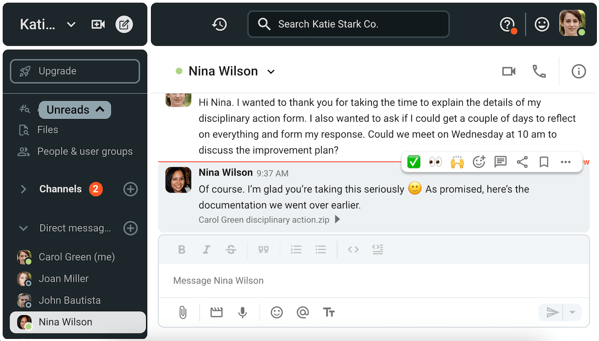 Nina forwards the write-up documentation to Carol on Pumble, a business messaging app

