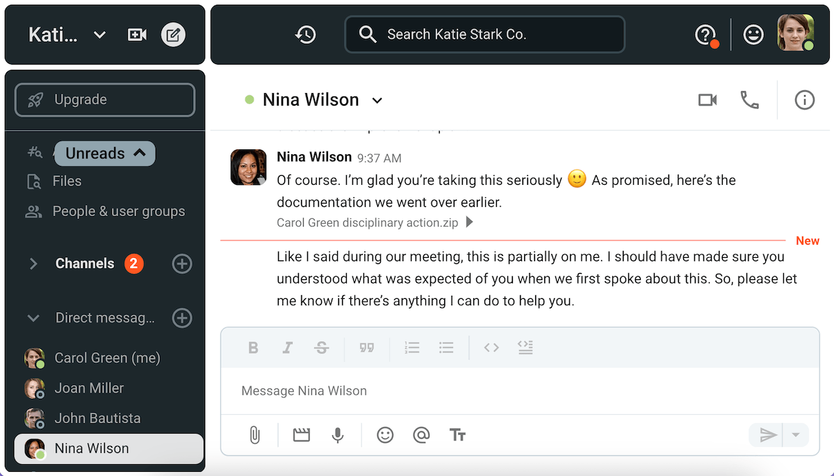 Nina takes responsibility for her team member’s behavior on Pumble, a team communication app
