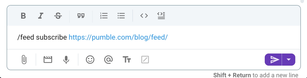 Subscribing to a feed URL in Pumble, a team communication app